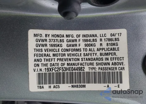 2017 Honda Civic Lx from USA, damaged, VIN 19XFC2F53HE044982